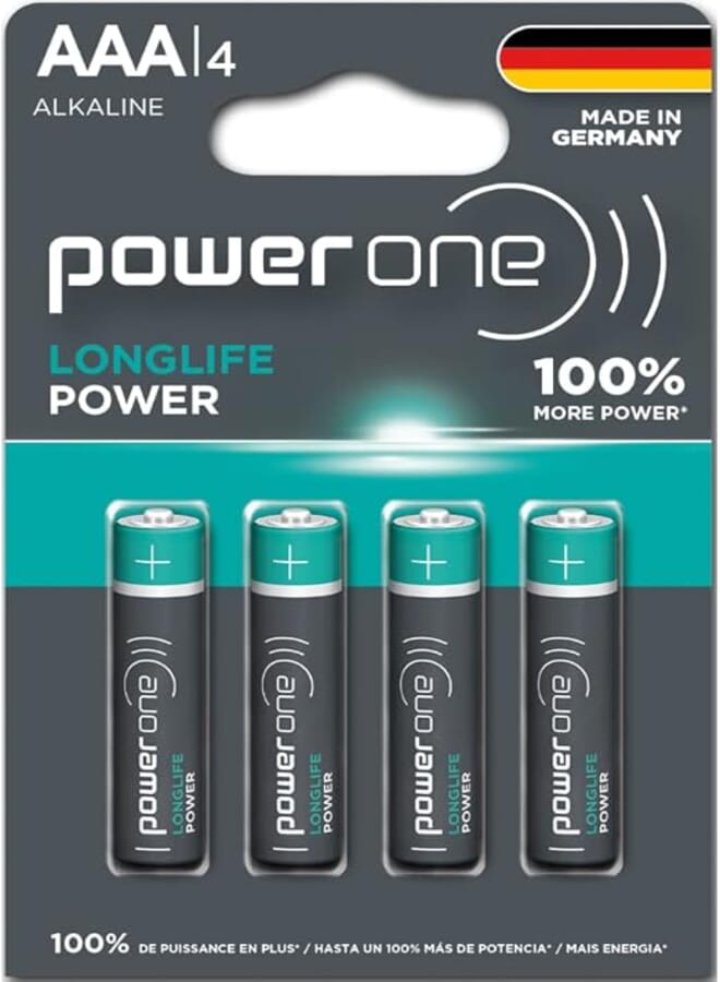 Power ONE LONGLIFE Power AAA Battery Long Performing Alkaline Batteries Made in Germany with Up to 10 Years Shelf Life - Pack of 4